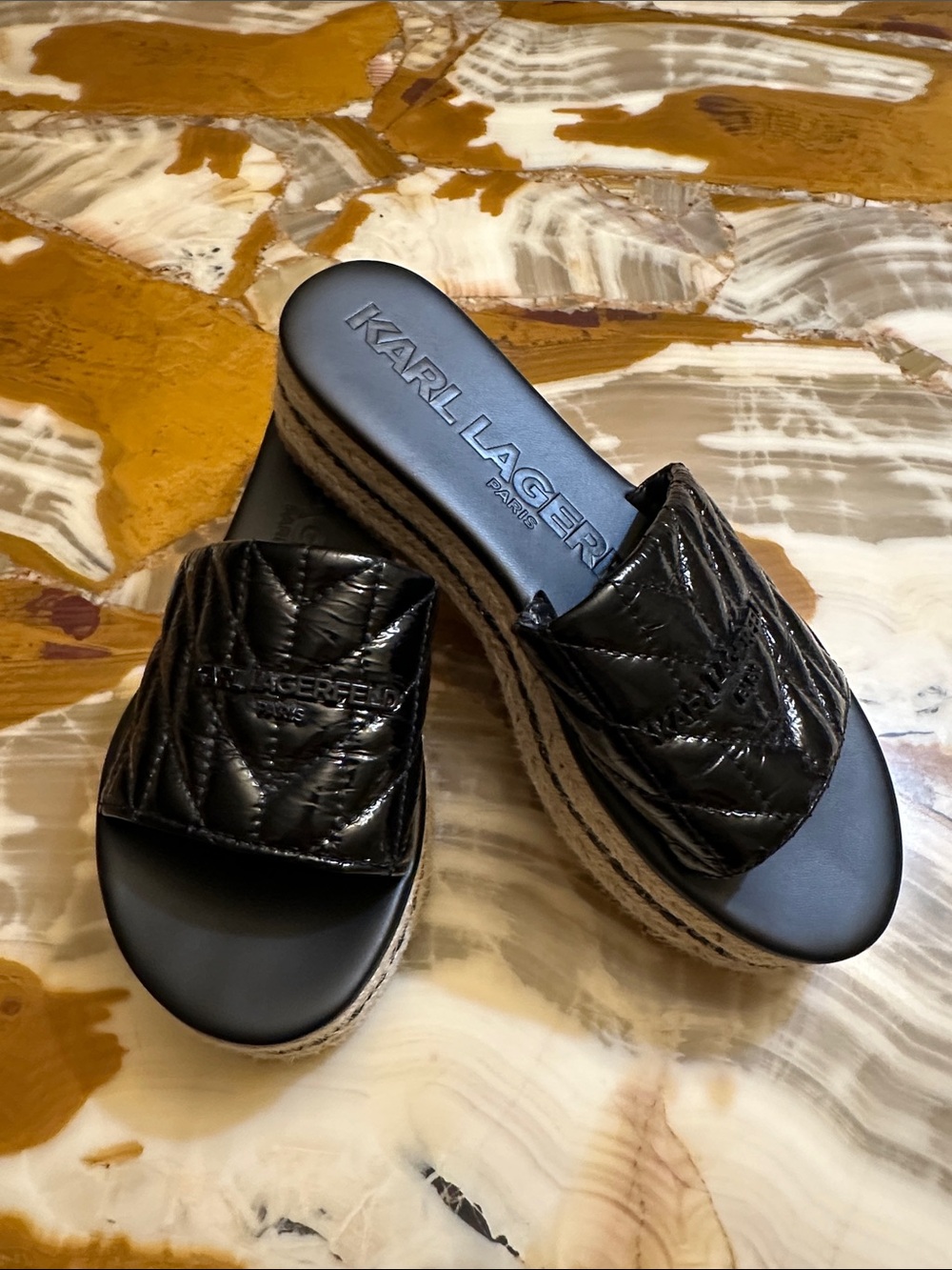 Karl Lagerfeld Black Quilted Platform Slide Mules